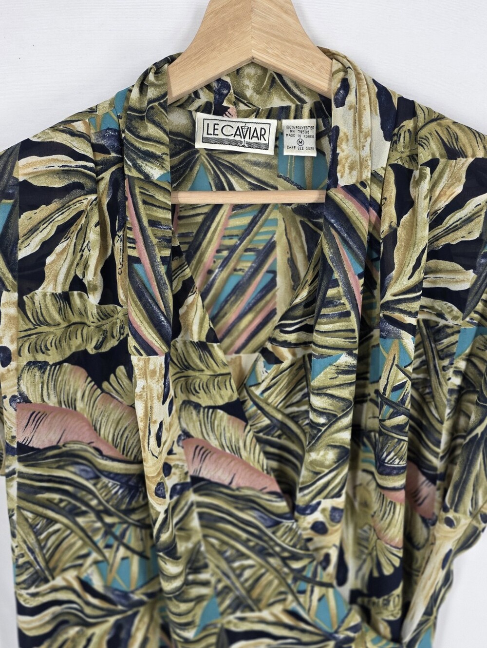 Vintage Le Caviar Tropical Palm Leaf Faux Wrap Blouse Women's M Resort Coastal - Picture 4 of 14